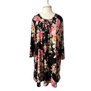 Women's Plus 2XL Cottagecore Boho Colorful Floral Lace Up V Slinky Tunic Dress